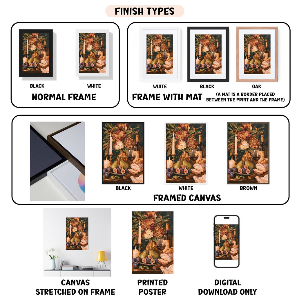 various types of artwork, including framed prints, canvas prints, and digital prints, each with different finishes and frame types.