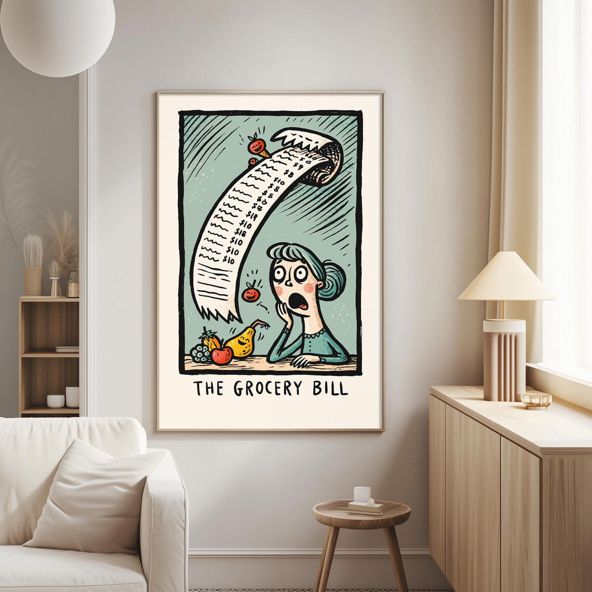 The image is a framed illustration depicting a cartoon girl with a surprised expression, surrounded by various grocery items such as apples, bananas, and a shopping list.