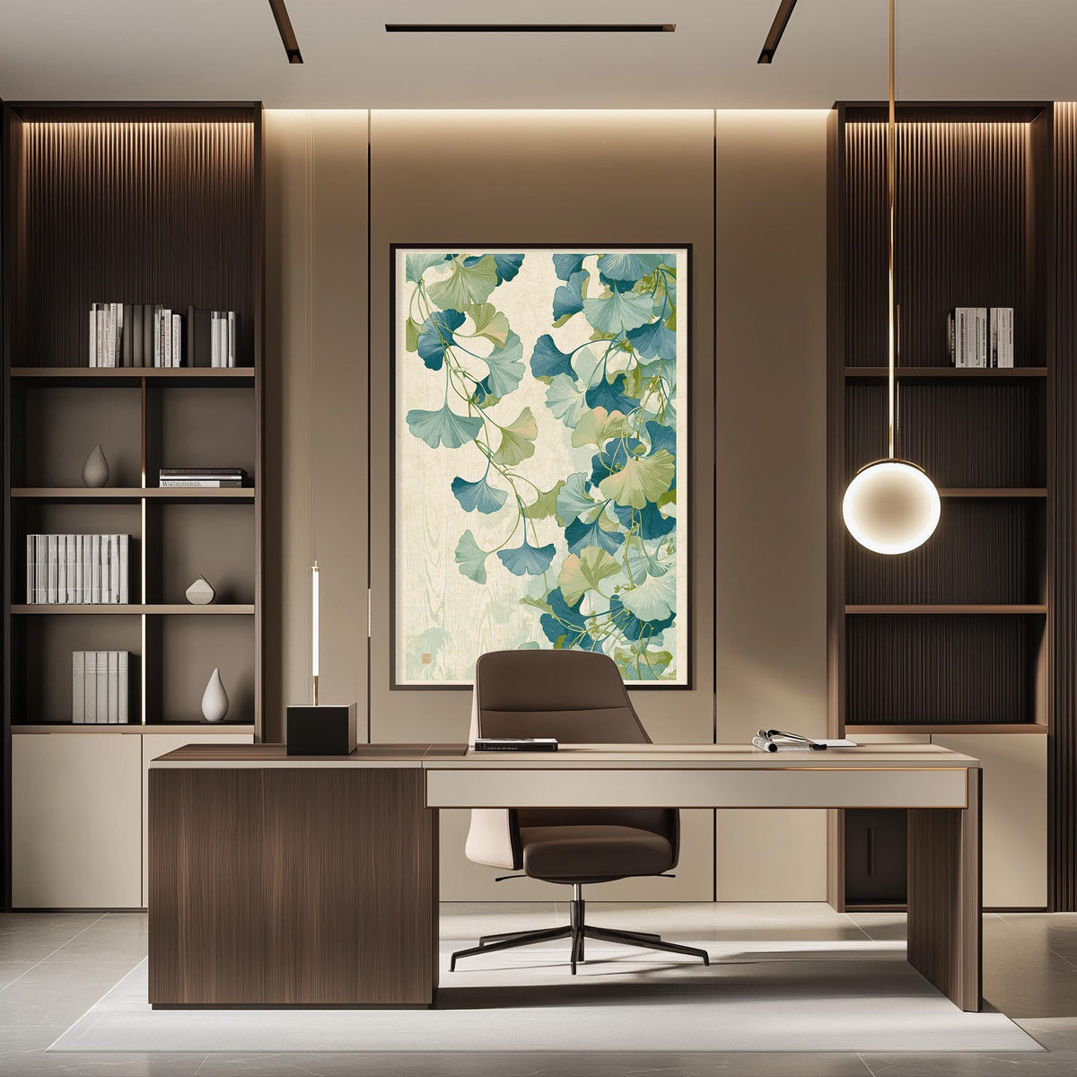 a modern and well-designed office space with a large framed artwork featuring a floral pattern on the wall. The office features a wooden desk with a comfortable-looking chair, and a bookshelf filled with books and decorative items. The overall design and layout of the space create a professional and aesthetically pleasing environment.