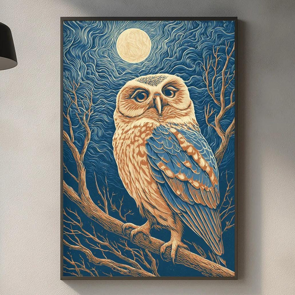 a framed painting of an owl perched on a branch, with a full moon in the background, hanging on a wall above a kitchen counter.