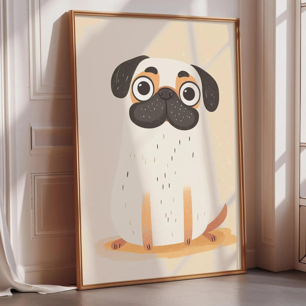 A framed illustration of a pug dog with a white body, black ears, and a black nose is displayed on a wall in a room with a window.