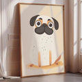 A framed illustration of a pug dog with a white body, black ears, and a black nose is displayed on a wall in a room with a window.