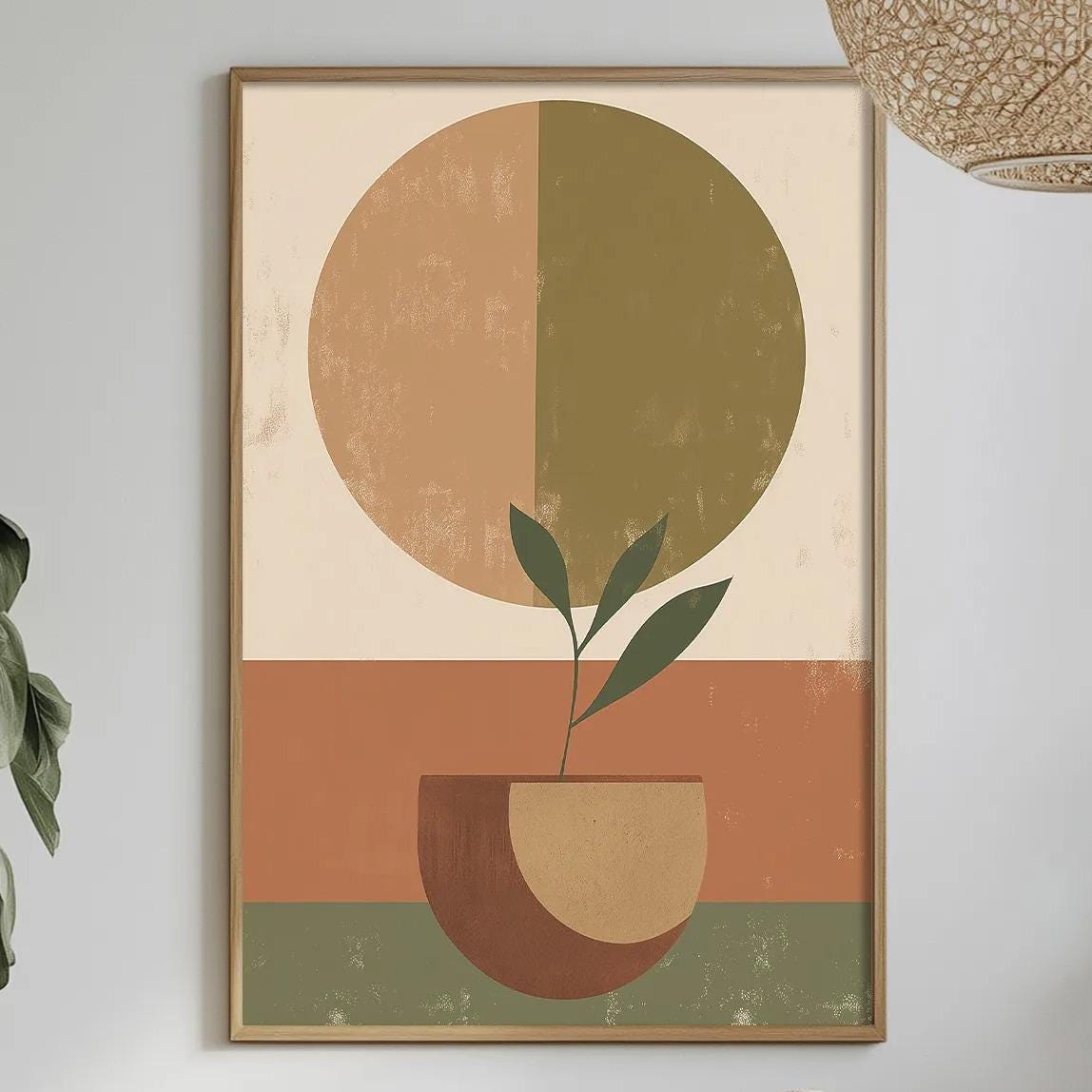 a dining table with a white tablecloth, a bowl of fruit, a bottle, and a vase with flowers. Above the table, there is a framed abstract painting depicting a plant in a bowl.
