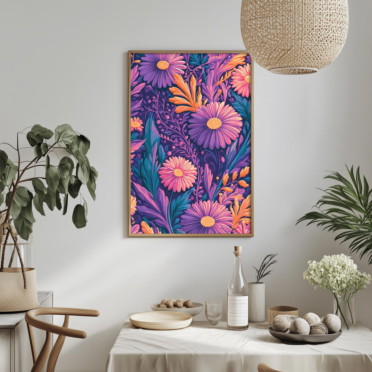 a vibrant floral print hanging on a wall above a dining table, which is set with various decorative items such as a potted plant, a vase, and a bowl.