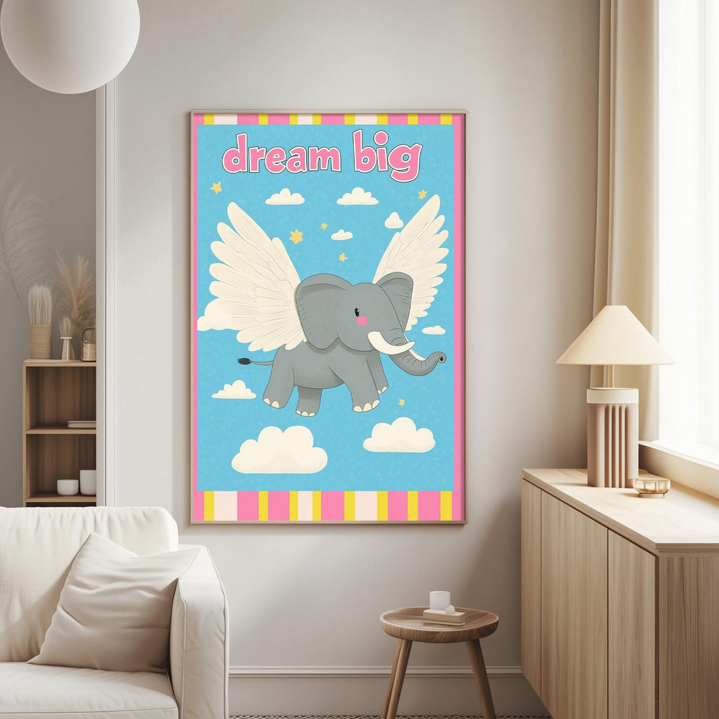 a poster of an elephant with wings, hanging on a wall in a living room.