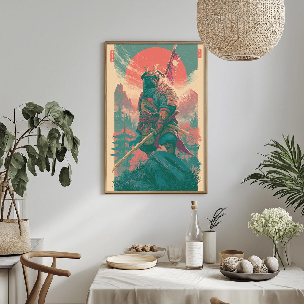 a framed artwork depicting a warrior figure, surrounded by various decorative elements such as plants, a bowl, and a bottle.