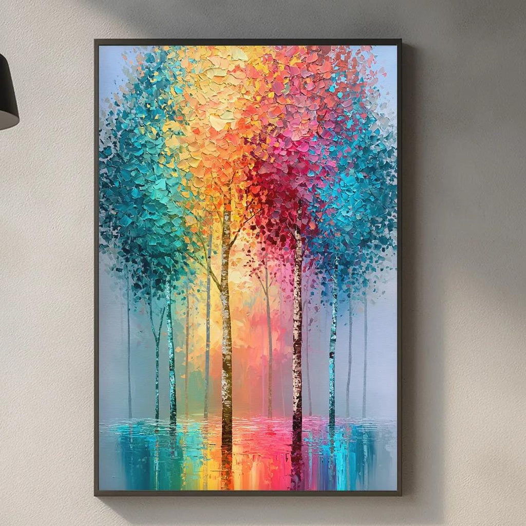 a kitchen counter with a framed painting of trees in a colorful, abstract style hanging above it. The painting is vibrant and eye-catching, adding a lively touch to the kitchen decor.