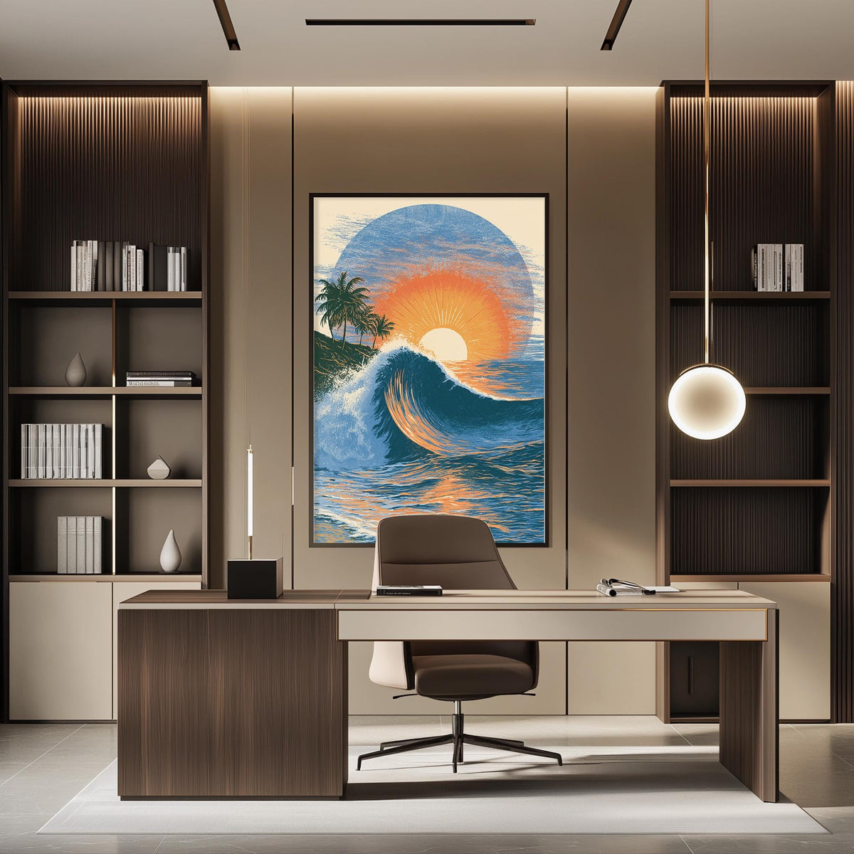 a modern office space with a large painting of a sunset over the ocean as the focal point. The painting is hung on the wall above a desk with a chair in front of it. The office also includes built-in bookshelves and a pendant light, creating a stylish and functional workspace.