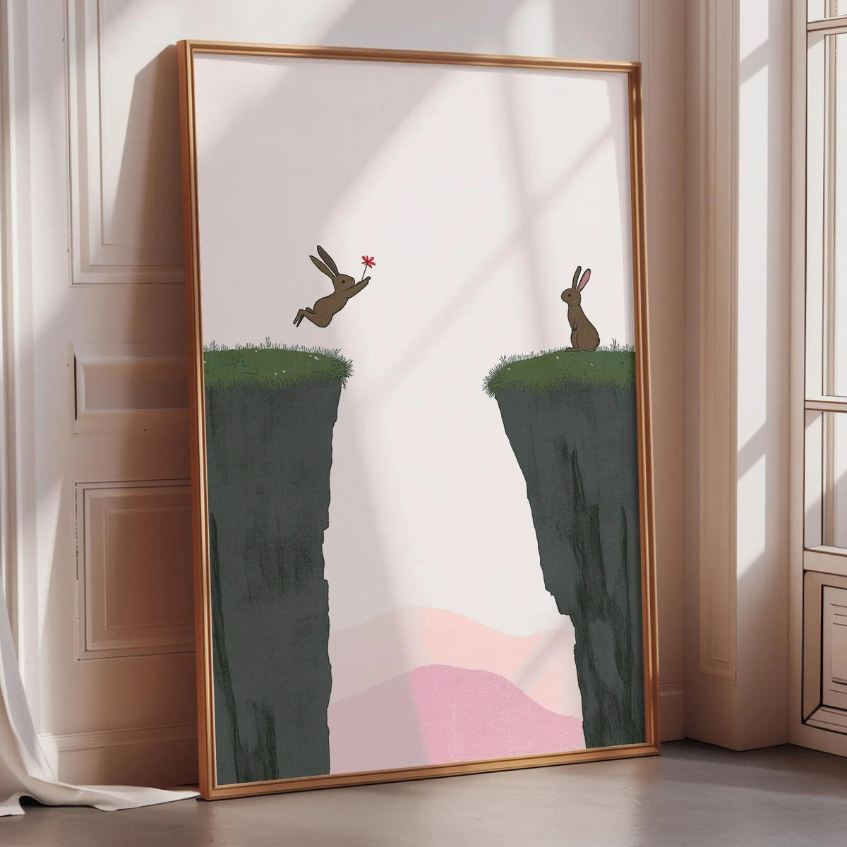 two rabbits on a cliff, with one rabbit jumping off the cliff and the other rabbit standing on the edge.