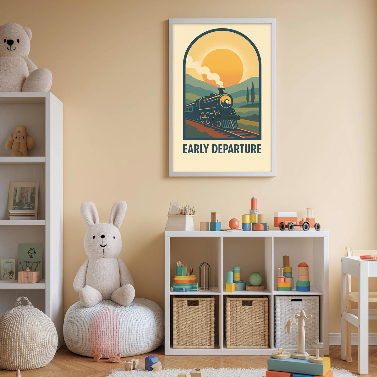 a child's bedroom with a large poster of a train on the wall, a stuffed rabbit, a toy train, and a toy castle. The room also contains a bookshelf, storage bins, and a toy train set.