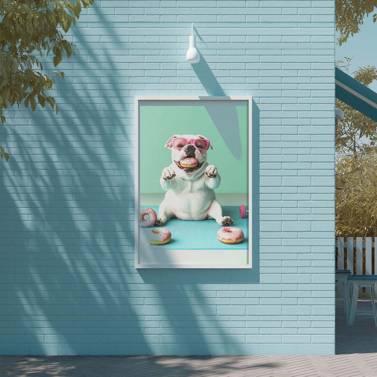 A framed image of a white dog sitting on a blue surface, surrounded by three donuts, is displayed on a light blue brick wall.