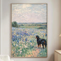 a large painting of a dog standing in a field of flowers, with a serene landscape in the background.