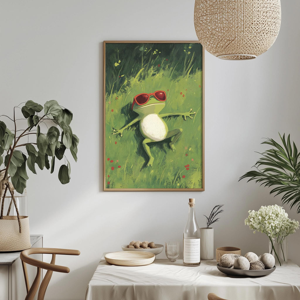 a framed painting of a frog wearing sunglasses, sitting in a grassy field with flowers, hanging on a wall above a dining table with various items on it.