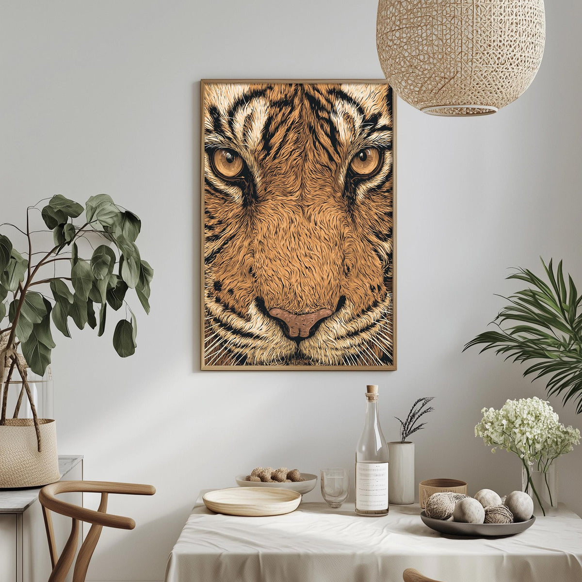 a large framed picture of a tiger's face hanging on a wall, with a dining table and chairs in the foreground.