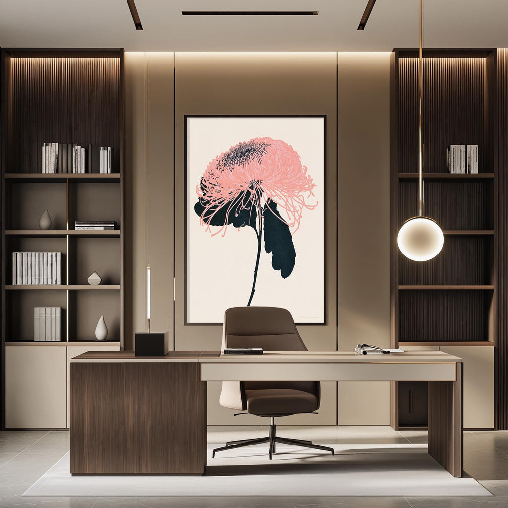 a modern and stylish home office with a large framed floral artwork on the wall, a wooden desk with a chair, and built-in bookshelves.