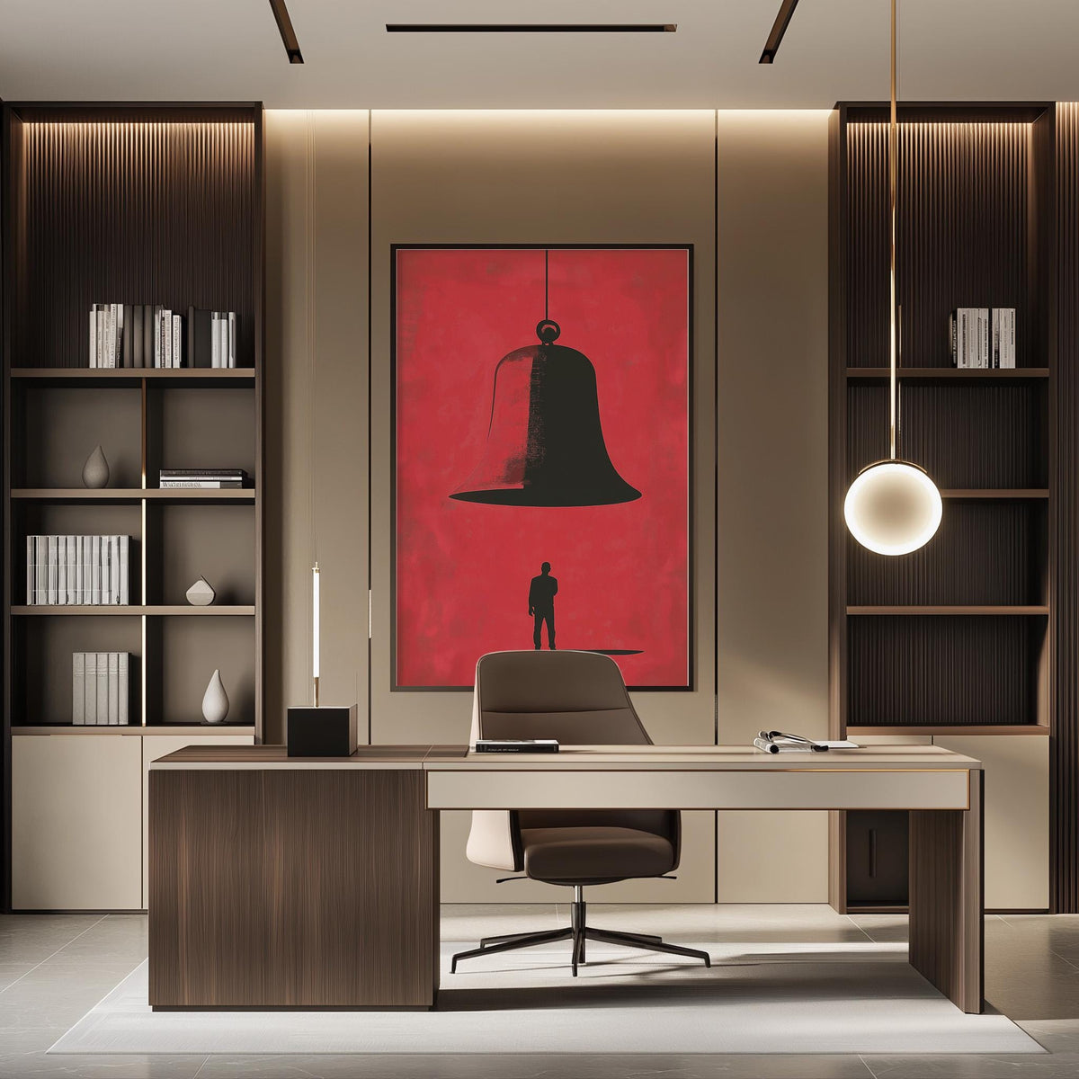 a modern and minimalist office space with a large red abstract painting on the wall, a wooden desk with a chair, and built-in bookshelves.