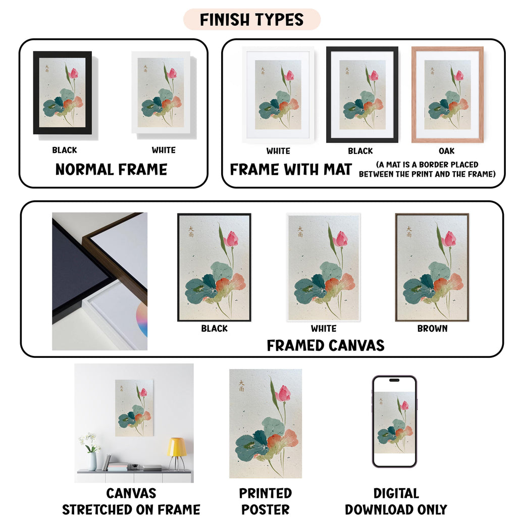 The image is a collection of different finish types for artwork, including canvas, framed canvas, stretched canvas, printed poster, and digital download only.