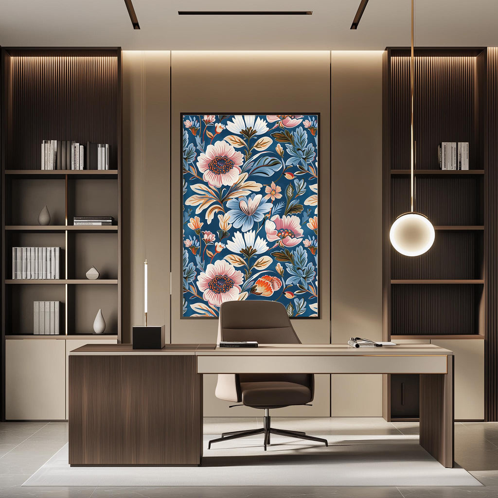 a modern and stylish home office with a large floral print on the wall behind the desk. The desk is positioned in front of the print, creating a focal point in the room. The office also features built-in bookshelves and a pendant light, contributing to the overall contemporary design.