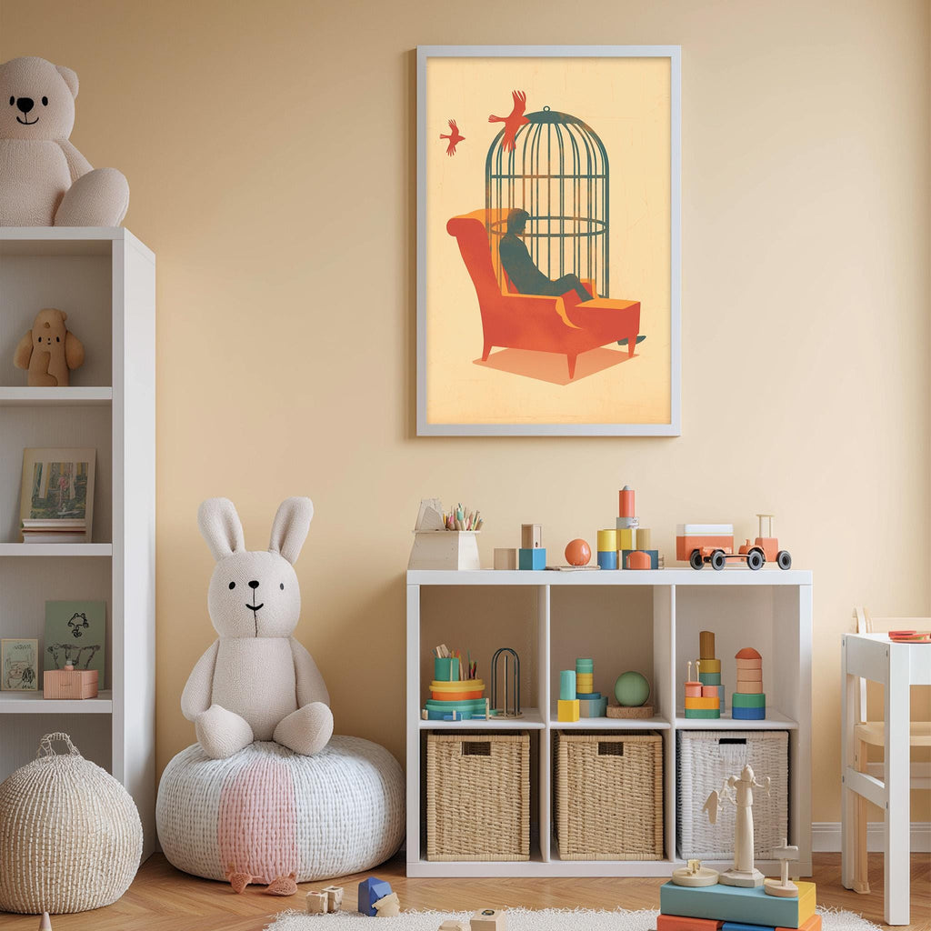A cozy children's room with a white rabbit sitting on a bean bag chair, surrounded by various toys and a bookshelf. A framed illustration of a birdcage with a person inside is displayed on the wall, and a shelf holds additional toys and books.