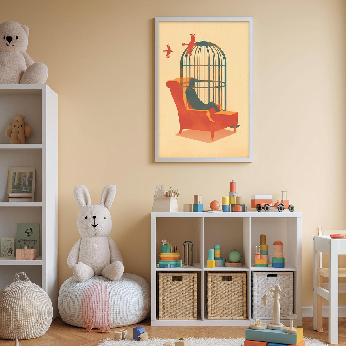 A cozy children's room with a white rabbit sitting on a bean bag chair, surrounded by various toys and a bookshelf. A framed illustration of a birdcage with a person inside is displayed on the wall, and a shelf holds additional toys and books.