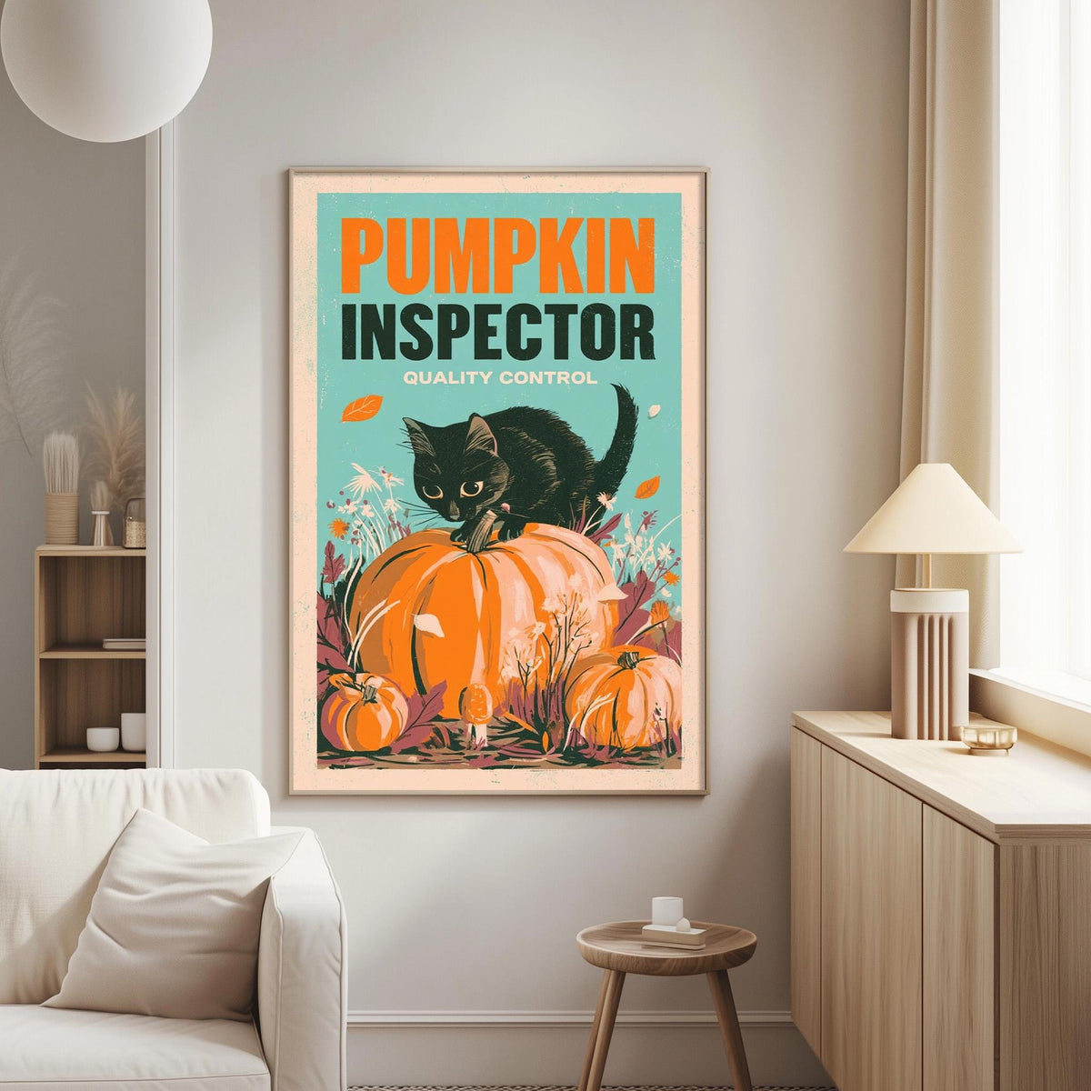 a poster of a black cat sitting on top of a pumpkin, with the text "Pumpkin Inspector Quality Control" displayed prominently.