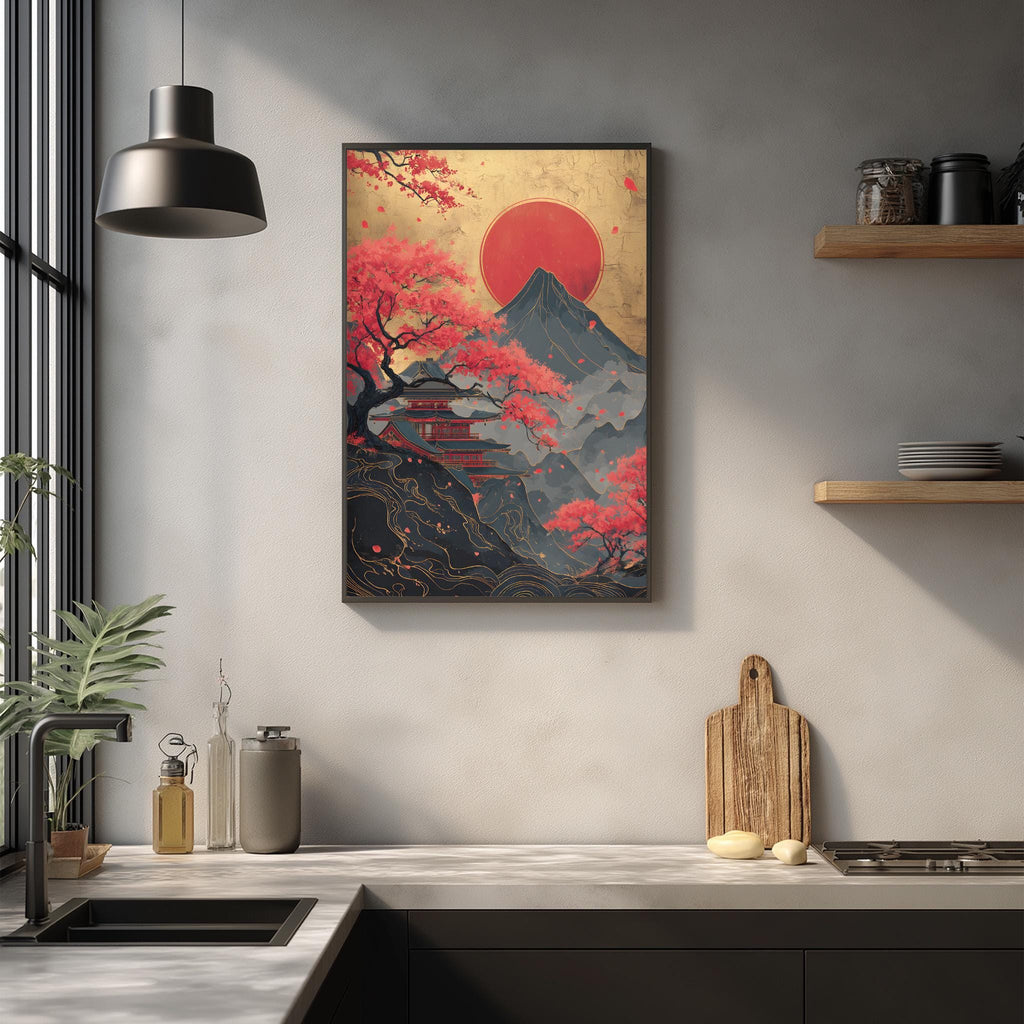 a kitchen counter with a framed artwork depicting a serene landscape with a mountain, trees, and a red sun in the sky. The artwork is hanging on the wall above the counter.