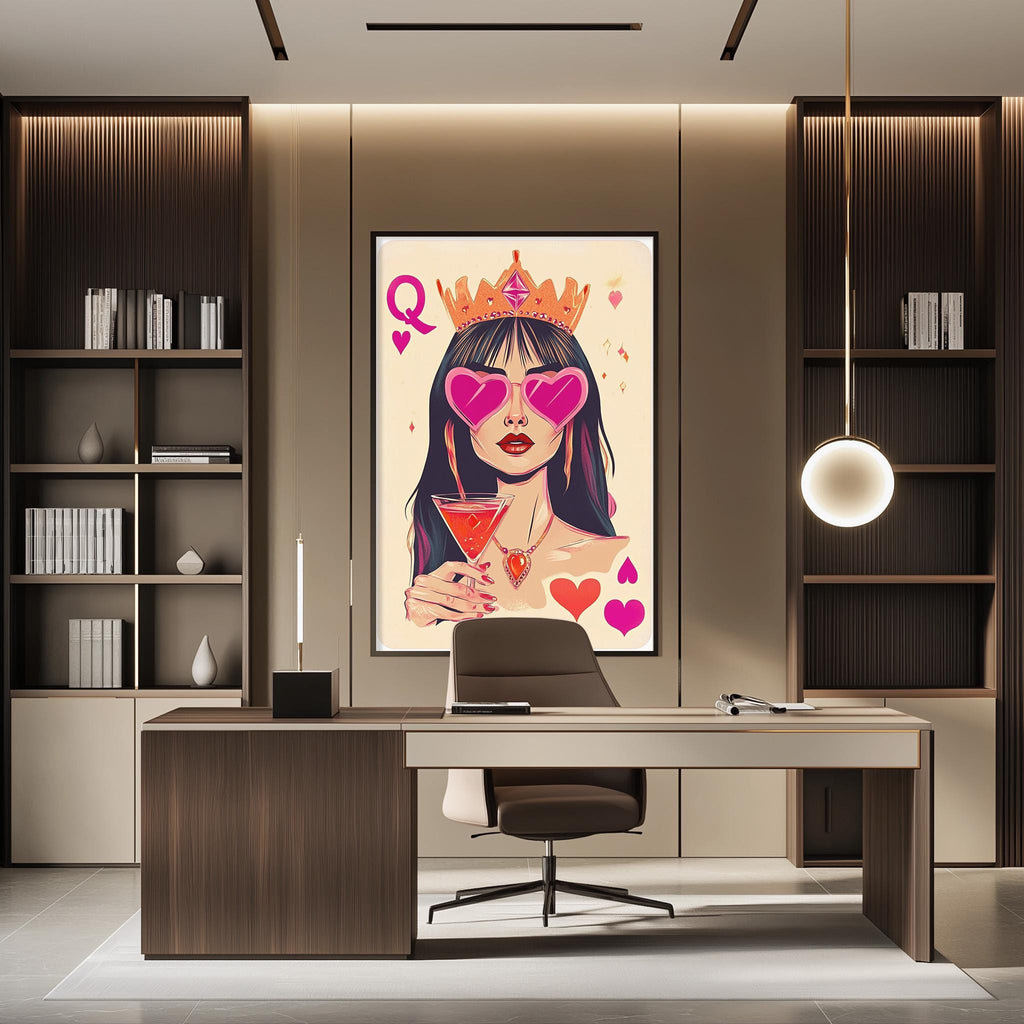 a modern office space with a large framed artwork of a woman wearing a crown and sunglasses, holding a drink, as the focal point. The office has a wooden desk, a chair, and a bookshelf with various books and decorative items.