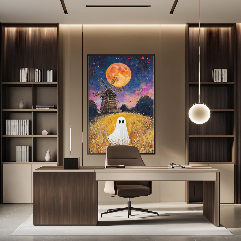 a modern office space with a large painting of a ghost in a field with a windmill in the background, creating a spooky atmosphere.