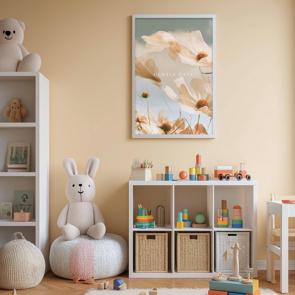 A cozy and well-organized children's playroom with a white bookshelf, a plush rabbit, and a colorful toy box filled with various toys. A framed poster with a floral design hangs on the wall, and the room has a warm, inviting atmosphere.