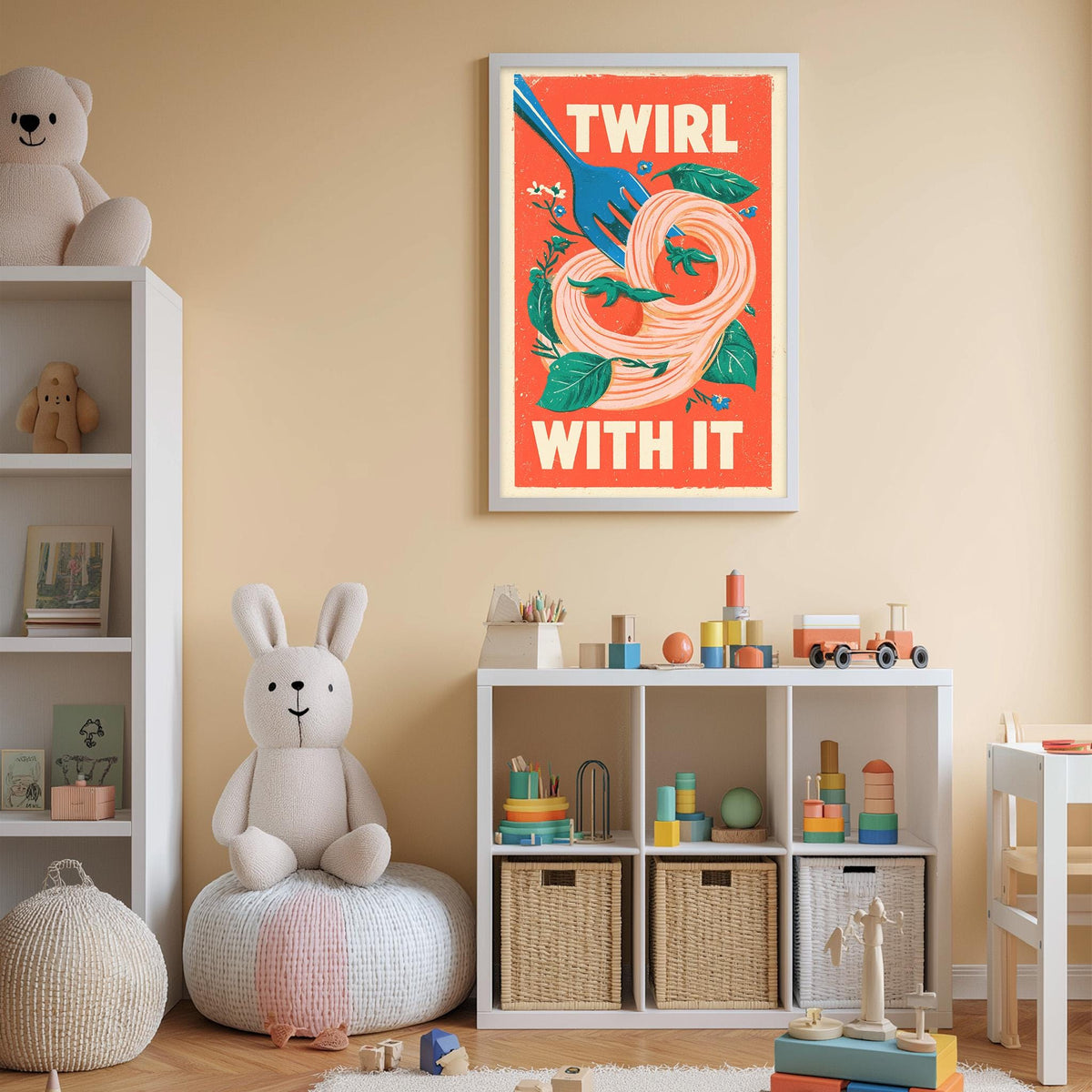 A child's bedroom with a white bookshelf, a stuffed rabbit, and a colorful poster on the wall. The poster features a whimsical illustration of a bird holding a flower and the text "TWIRL WITH IT".