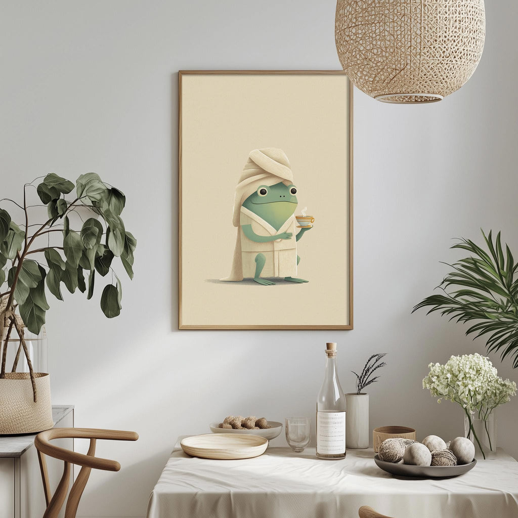 a framed illustration of a frog wearing a bathrobe and holding a cup, set against a beige background. The scene is surrounded by various decorative elements, including potted plants, a table with dishes, and a hanging light fixture.
