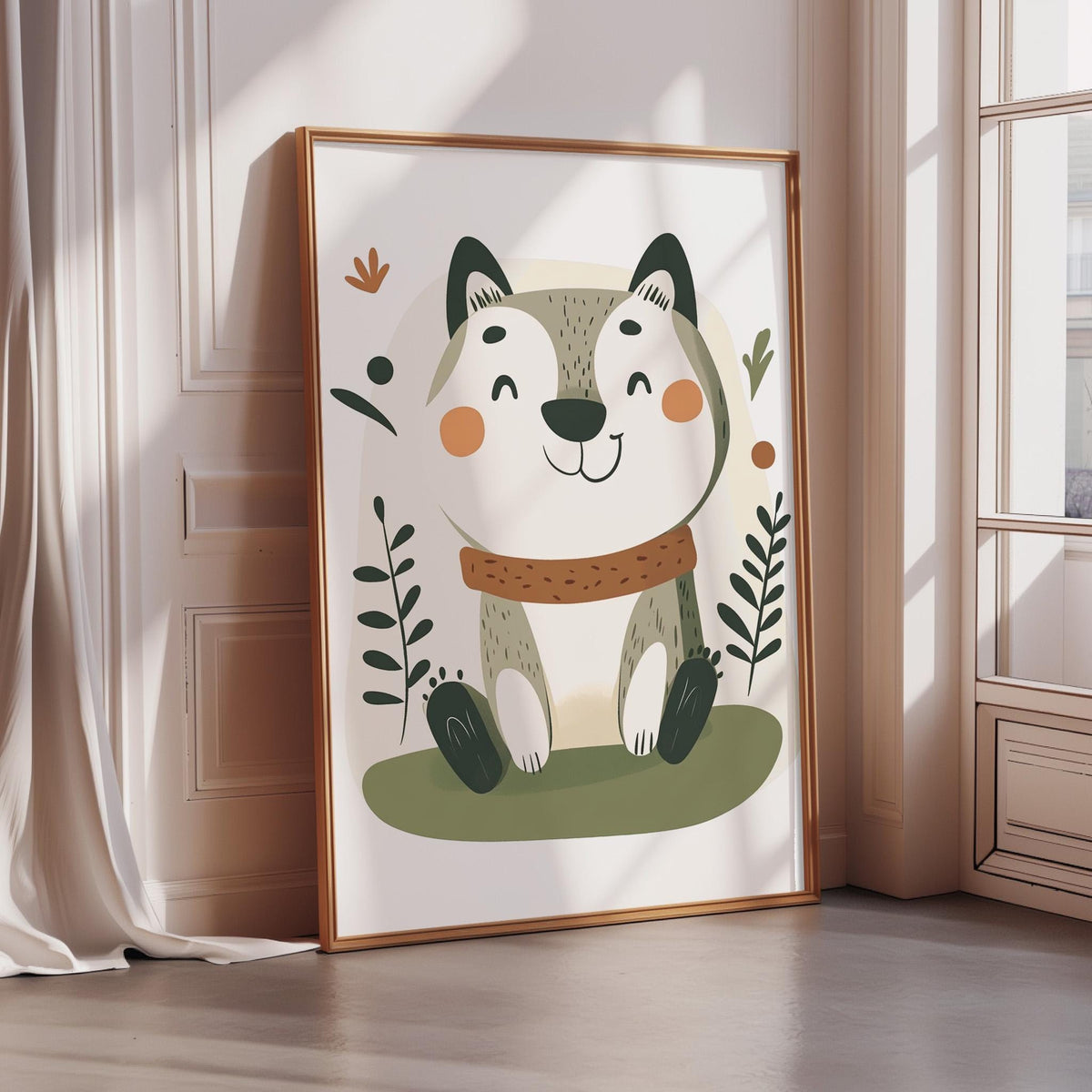 A framed illustration of a smiling cat with a scarf and leaves is displayed on a wall in a room with a window.