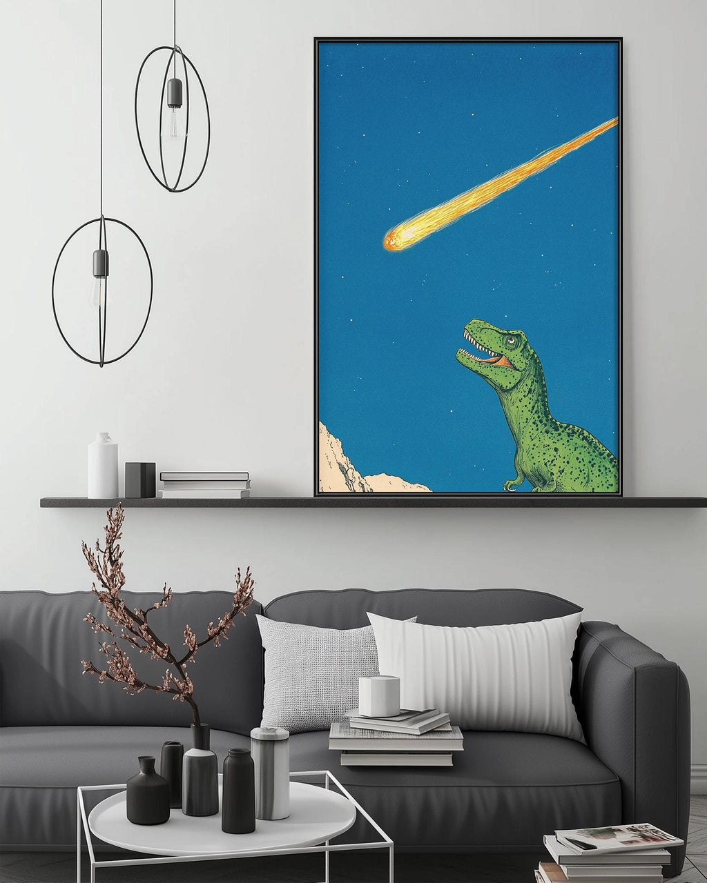 a large framed illustration of a green dinosaur with a yellow meteorite in the background, set against a blue sky.