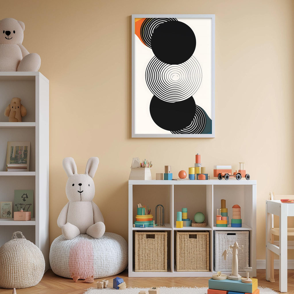 A cozy and colorful children's bedroom with a large abstract art piece on the wall, a white bookshelf filled with toys, and a white bean bag chair.