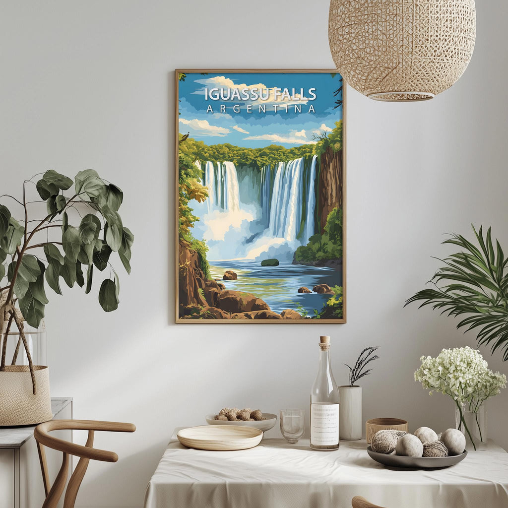 a framed poster of Iguas Falls in Argentina hanging on a wall, with a dining table and chairs in the foreground.