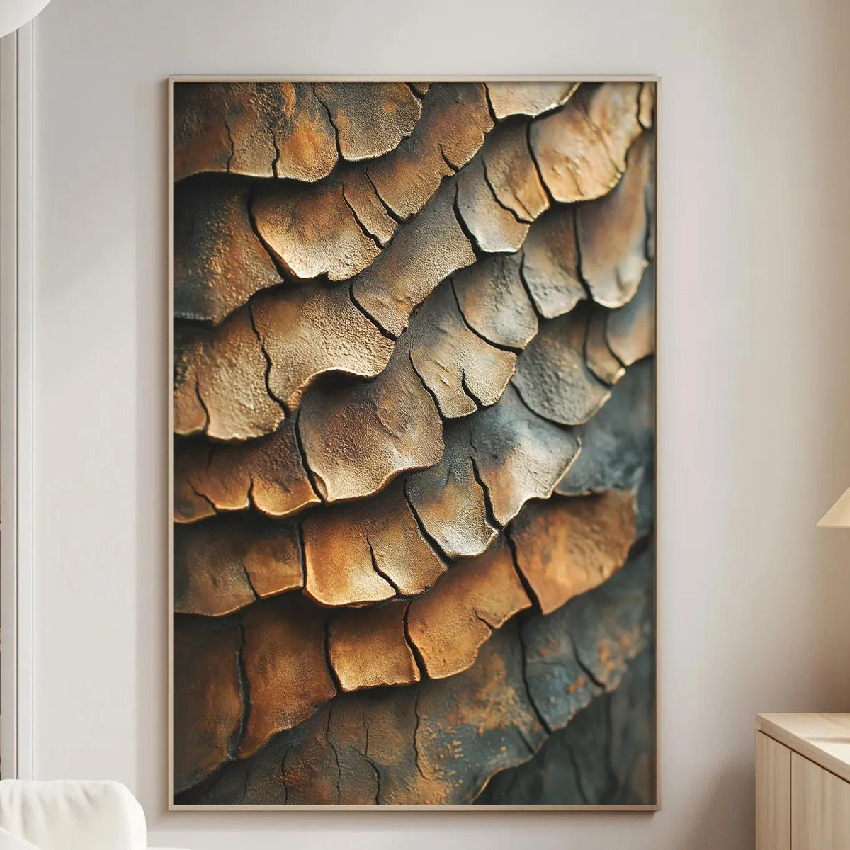 a large, abstract painting of a rocky surface with a textured, layered appearance, hanging on a wall in a modern living room setting.