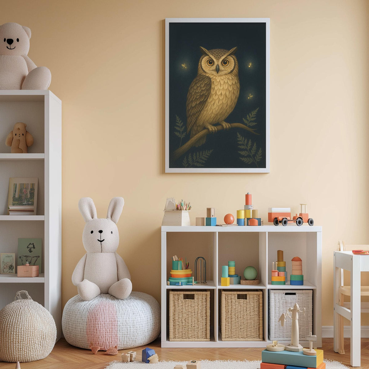 A cozy children's room with a white bookshelf, a plush rabbit, and a framed picture of an owl. The room also contains a toy train, a stack of colorful blocks, and a basket filled with toys.