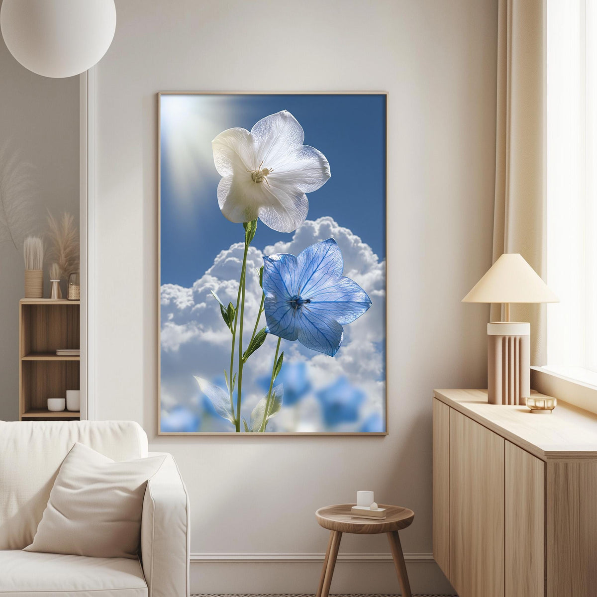 a large framed picture of two white and blue flowers against a blue sky with clouds, hanging on a wall in a living room.