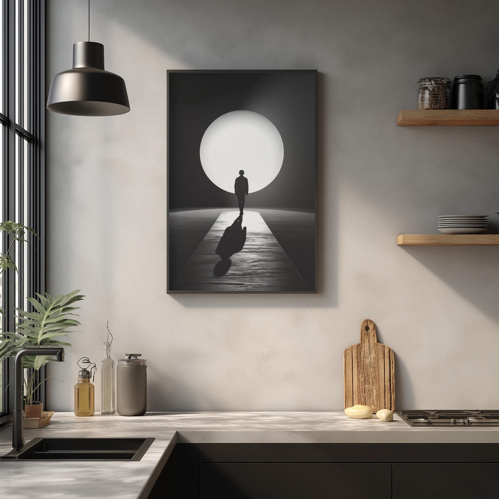a minimalist kitchen scene with a large black and white photograph of a person walking on a path leading to a large light source, creating a dramatic and contemplative atmosphere.