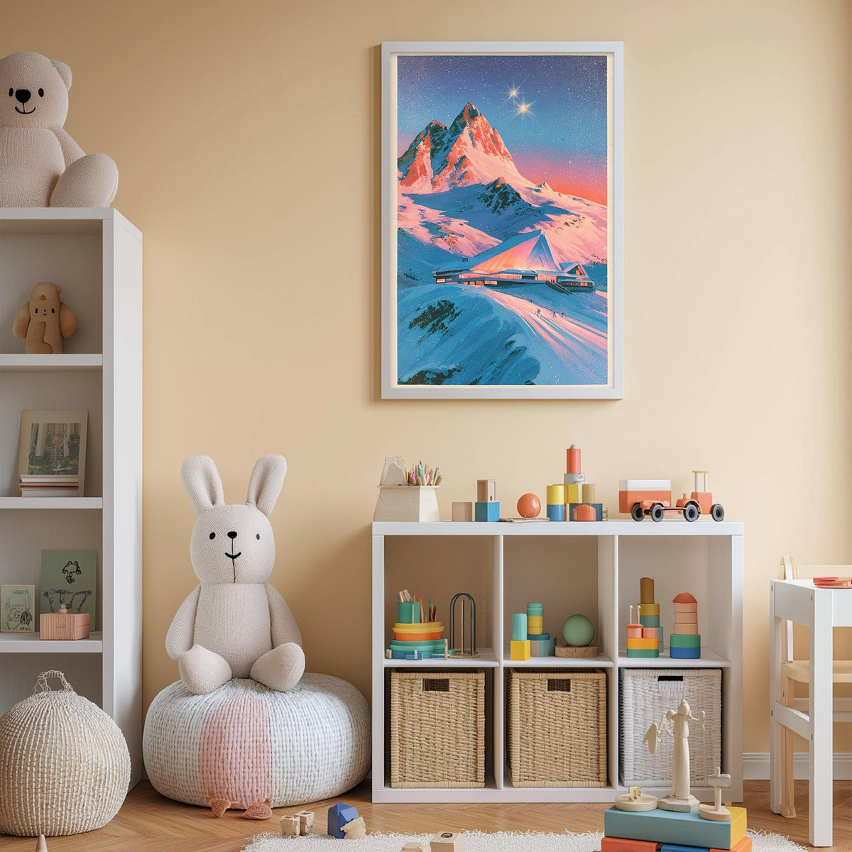A cozy children's room with a large stuffed bunny, a bookshelf, and a toy train set. The room has a warm, inviting atmosphere with a mountain landscape painting on the wall.