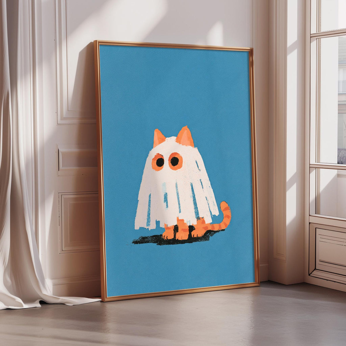 a framed poster of a ghost cat with a blue background and orange accents.