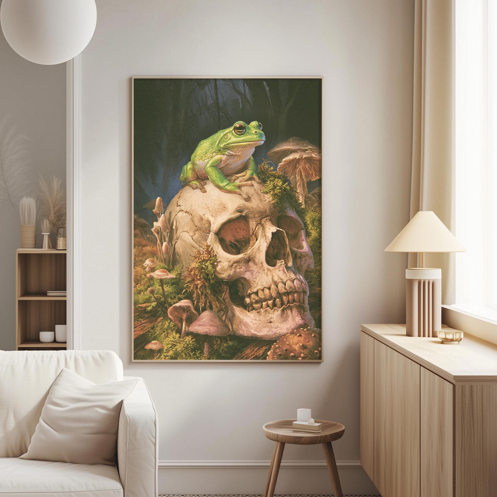 a large framed painting of a frog perched on a skull, surrounded by mushrooms and plants, hanging on a wall in a living room setting.