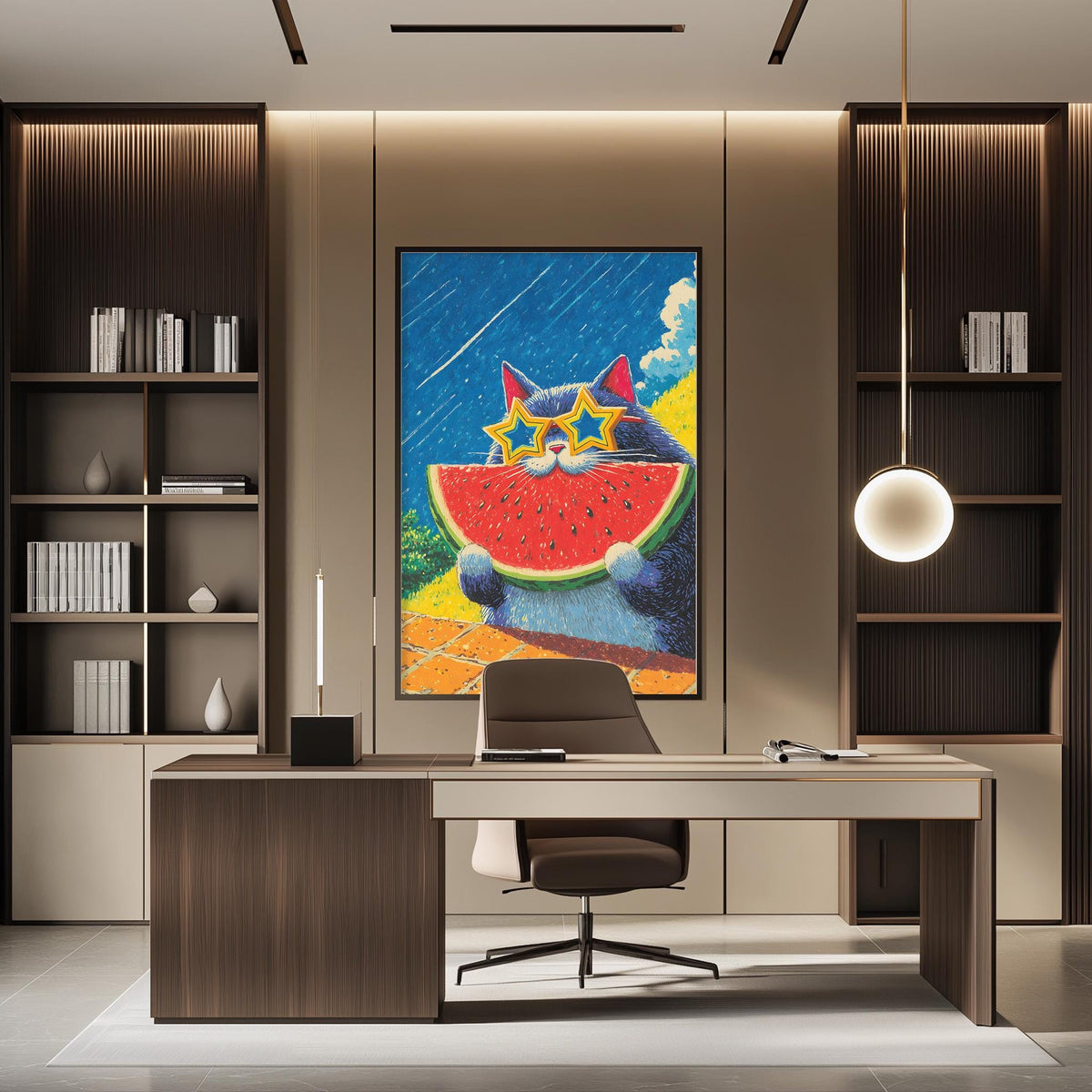 a modern office space with a large, colorful painting of a cat holding a watermelon hanging on the wall above a desk with a chair.