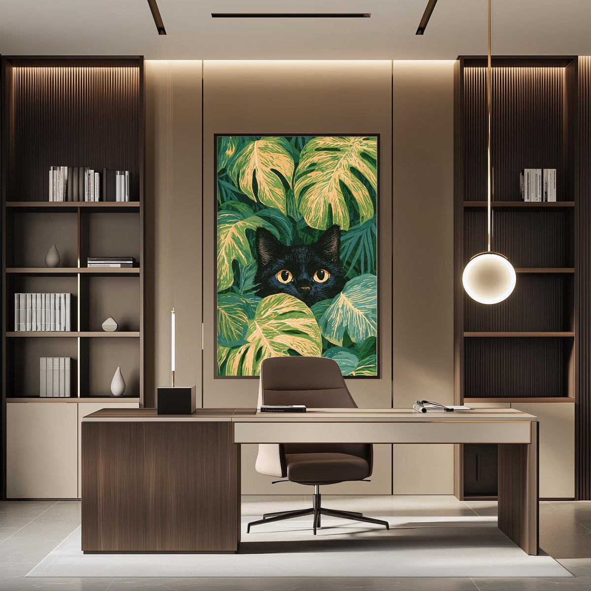 a modern office space with a large framed picture of a cat peeking out from behind green leaves on the wall. The office has a wooden desk, a chair, and a bookshelf filled with books. The overall design and decor create a stylish and comfortable workspace.