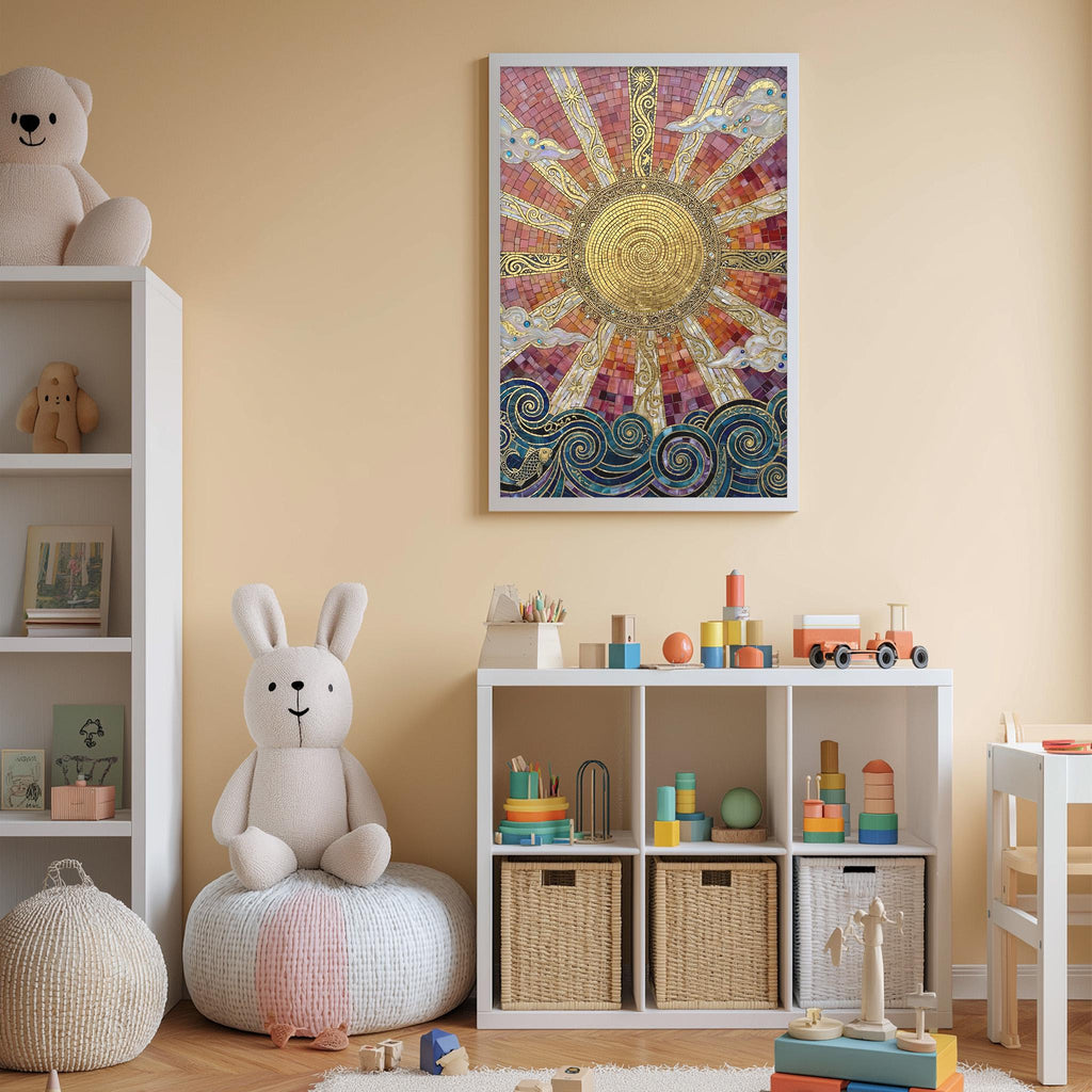 A cozy and colorful children's bedroom with a large sun-themed painting on the wall, a white bookshelf filled with toys, and a plush rabbit sitting on a bean bag chair.