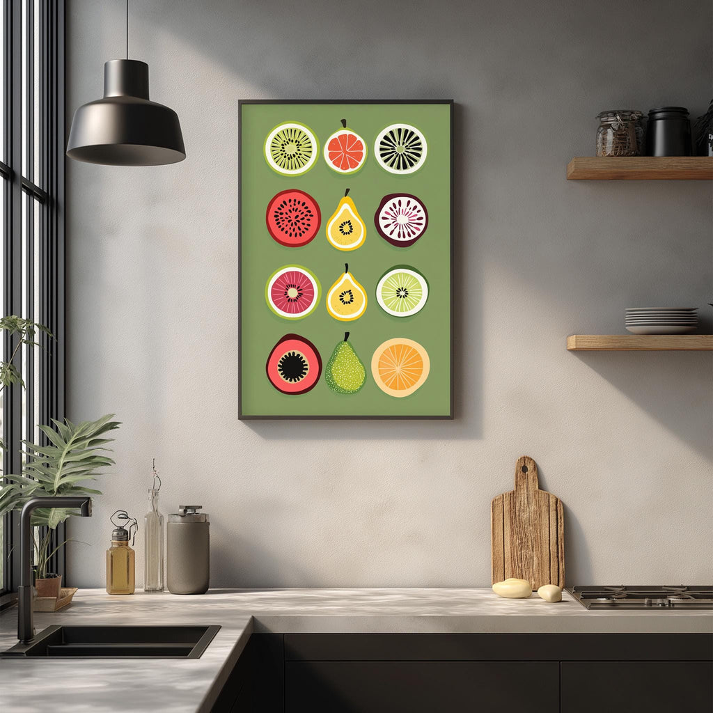 a kitchen counter with a framed print of fruit illustrations hanging on the wall above it.