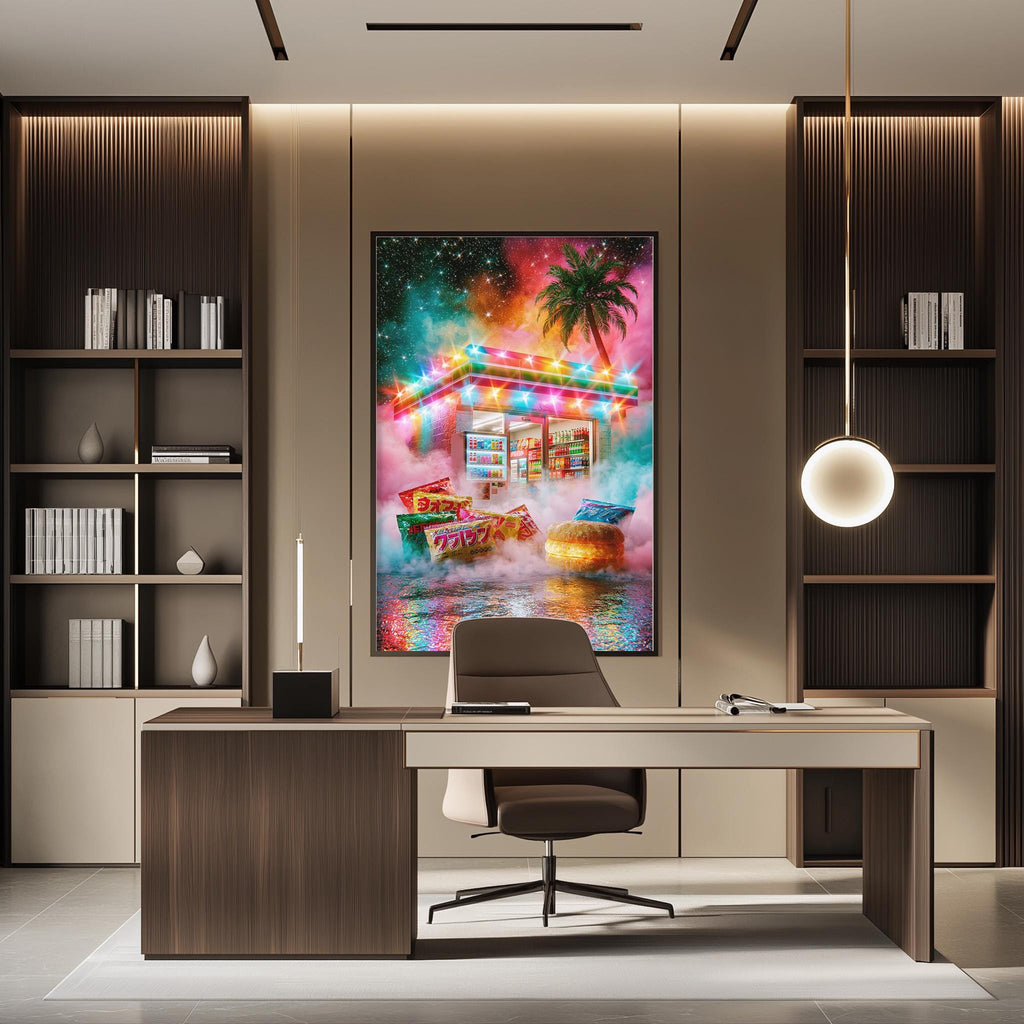 a modern office space with a large, colorful painting of a tropical beach scene hanging on the wall. The painting features a palm tree, a building with a sign, and a boat in the water. The office has a wooden desk and chair, and there are bookshelves on either side of the desk. A pendant light hangs above the desk, providing illumination.