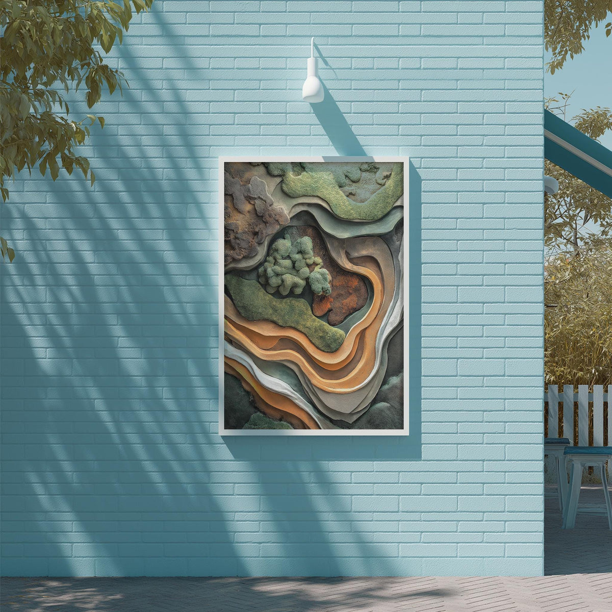 a large, colorful abstract painting hanging on a blue wall.