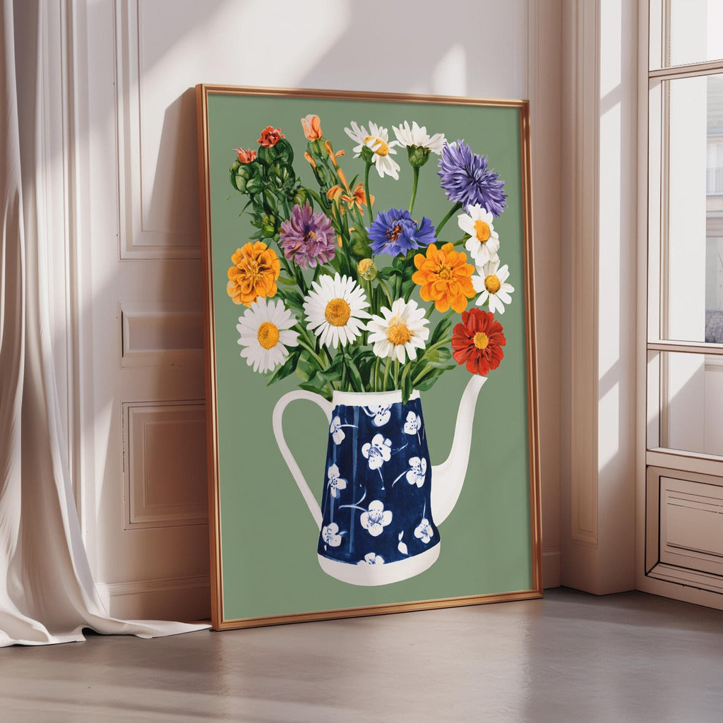 A framed painting depicting a vase filled with a variety of colorful flowers, including daisies, chrysanthemums, and other blooms, set against a green background.