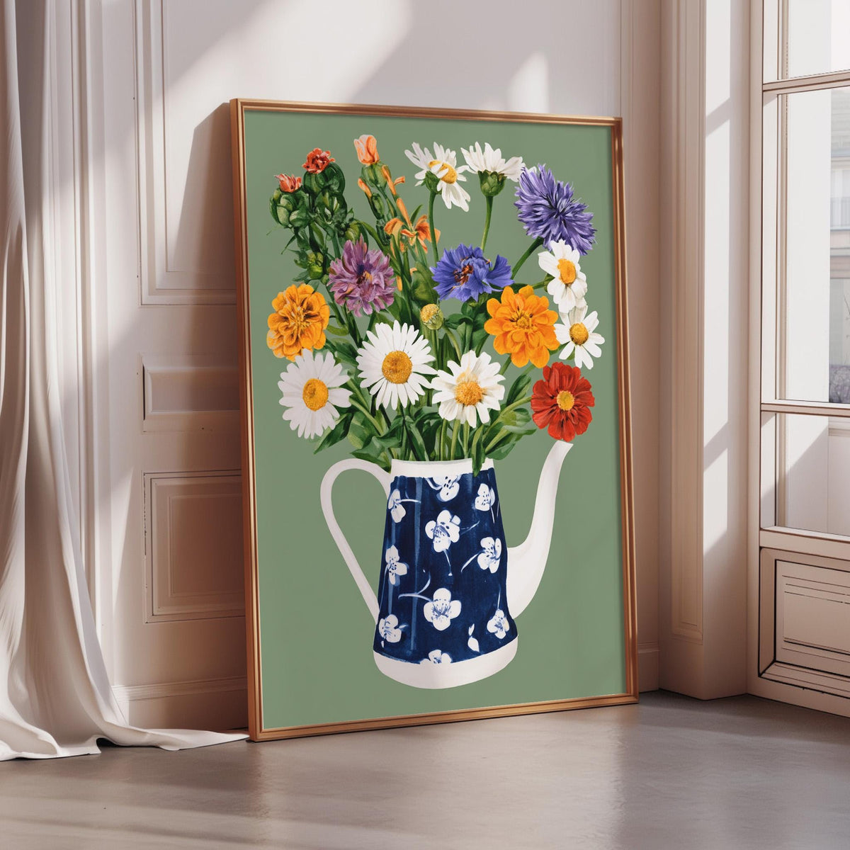 A framed painting depicting a vase filled with a variety of colorful flowers, including daisies, chrysanthemums, and other blooms, set against a green background.